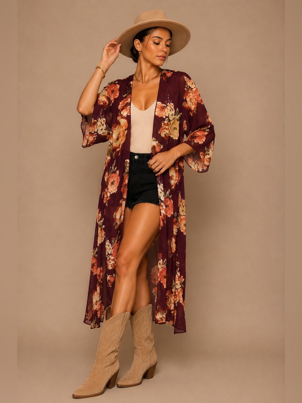Floral Burgundy Sheer Duster Kimono